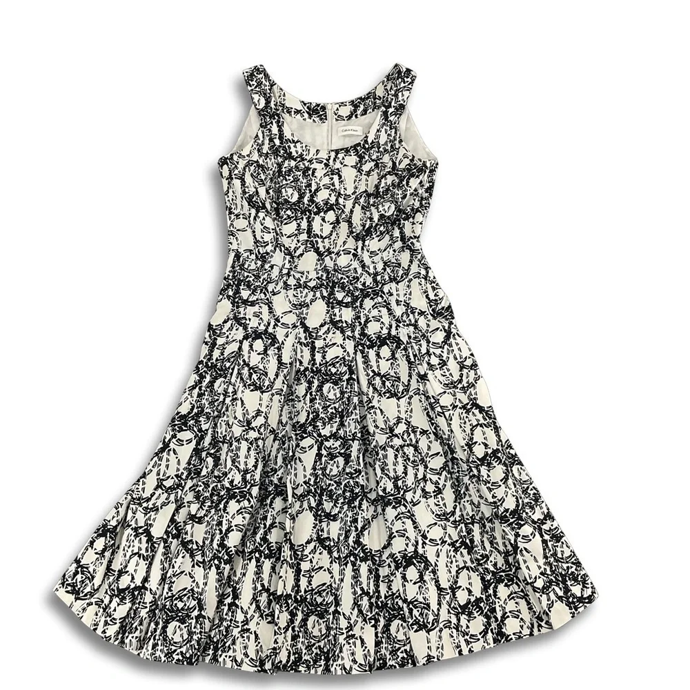 Calvin Klein A-Line Midi Dress Womens 8 Black White Abstract‎ Sleeveless Lined